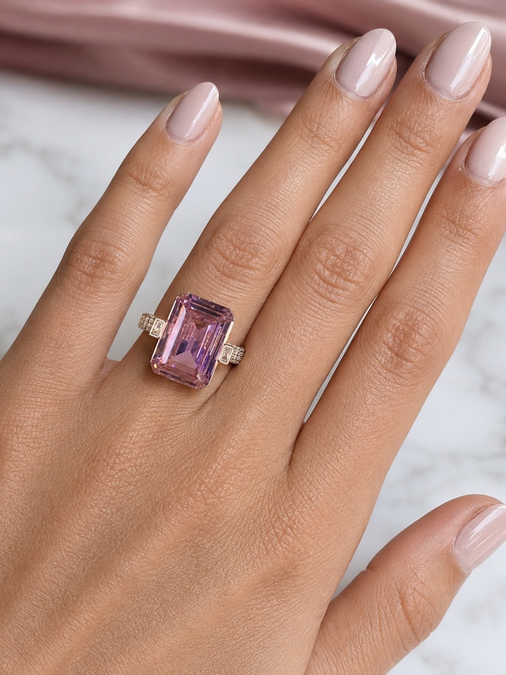 Rose Gold Rose Quartz CZ Emerald Cut Pavé Crystal Statement Cocktail Ring